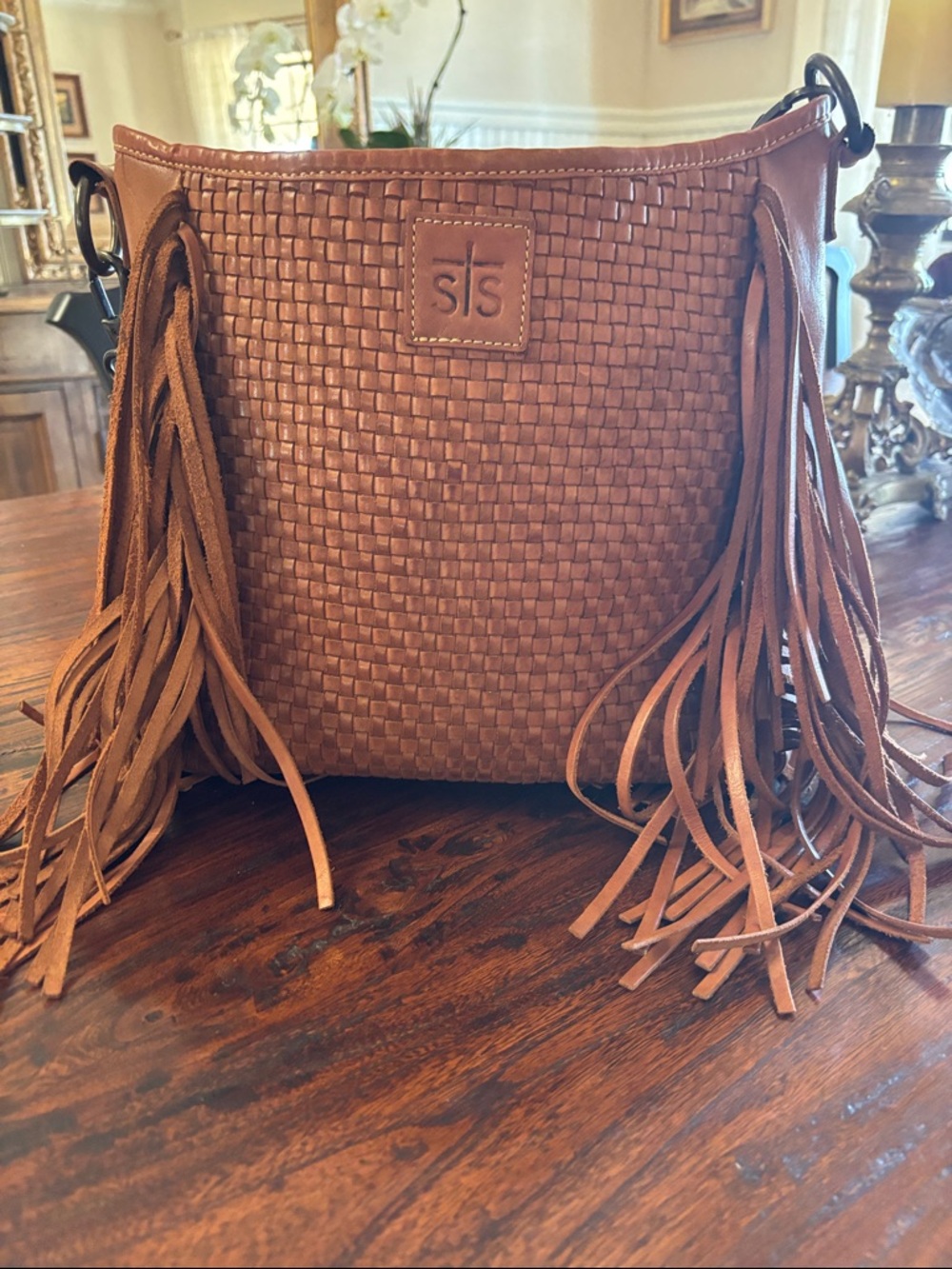 STS Brown Woven Leather Fringe Shoulder Bag